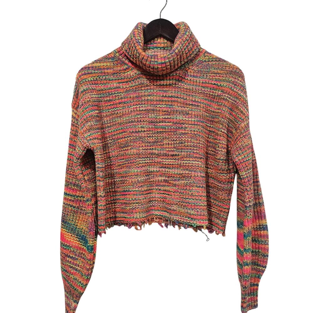Steve Madden Cropped Turtleneck Sweater Large Rainbow Multicolor Distressed Hem